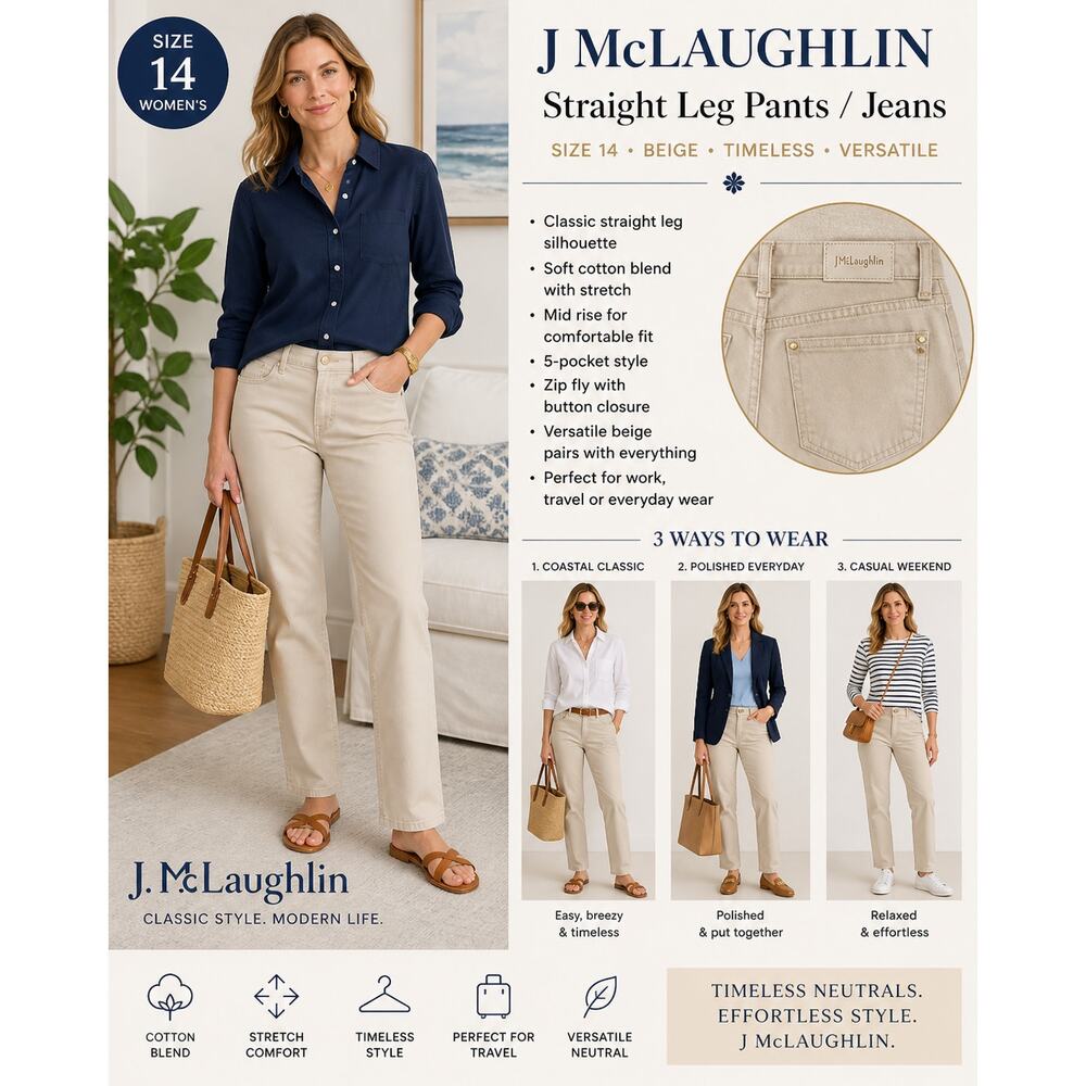 J McLaughlin Pants Jeans SZ14 Straight Leg Beige Coastal Classic Preppy Office